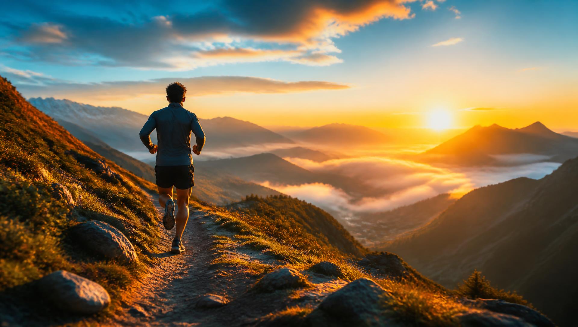 Läufer bei Sonnenaufgang in den Bergen — Fitness und Ausdauer